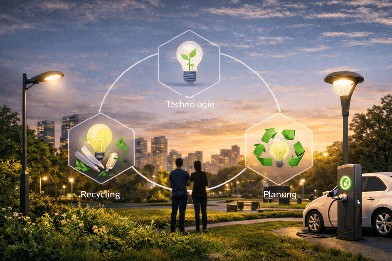 Visualisierung nachhaltiger Beleuchtung mit den Bereichen Technologie, Recycling und Planung in moderner Stadtumgebung mit energieeffizienter Infrastruktur.